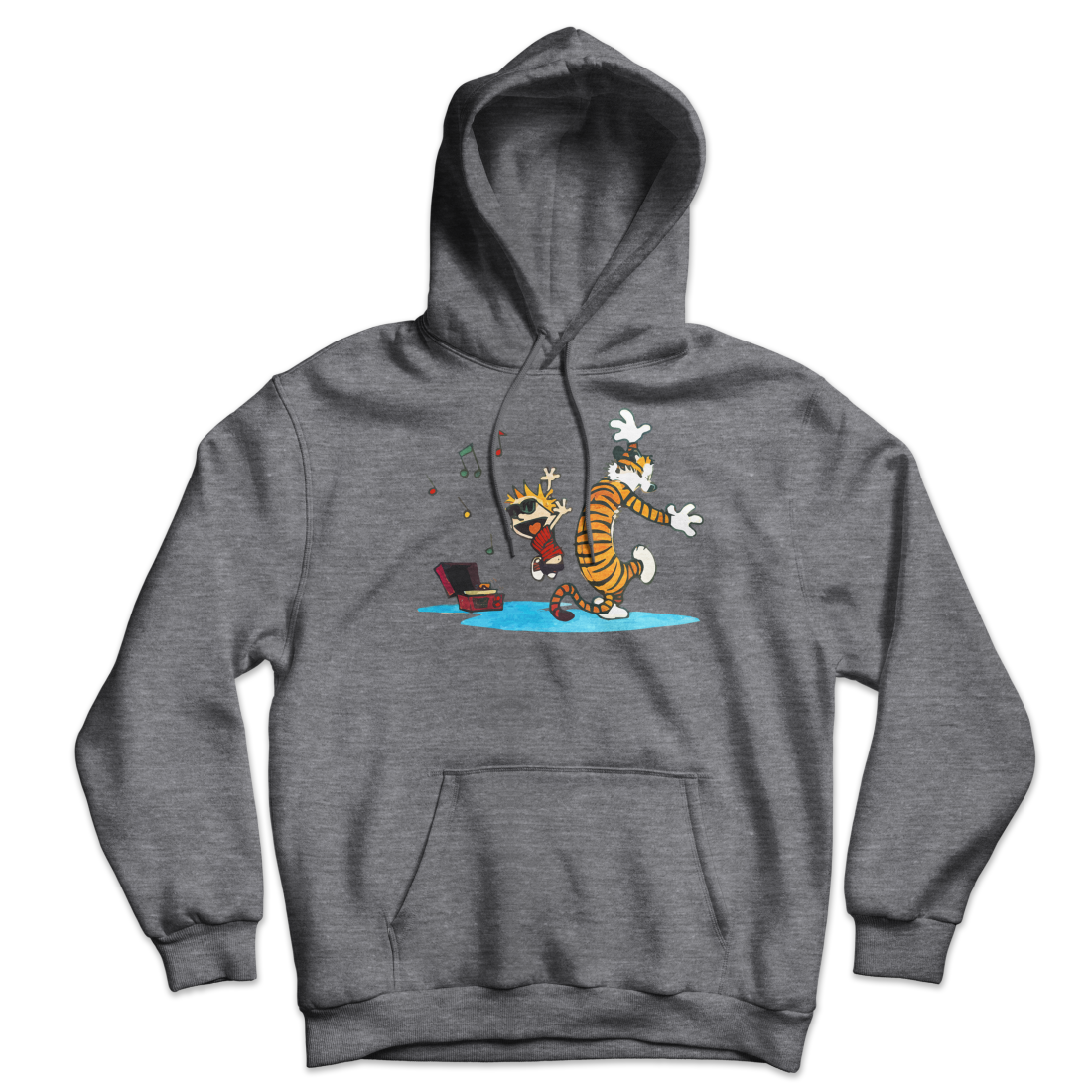Calvin and Hobbes Dancing with Record Player Unisex Hoodie-Hoodie-Art-O-Rama-Dark Heather-S-Urbanheer
