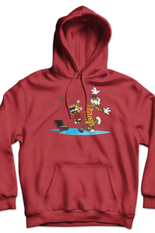 Calvin and Hobbes Dancing with Record Player Unisex Hoodie-Hoodie-Art-O-Rama-Red-S-Urbanheer