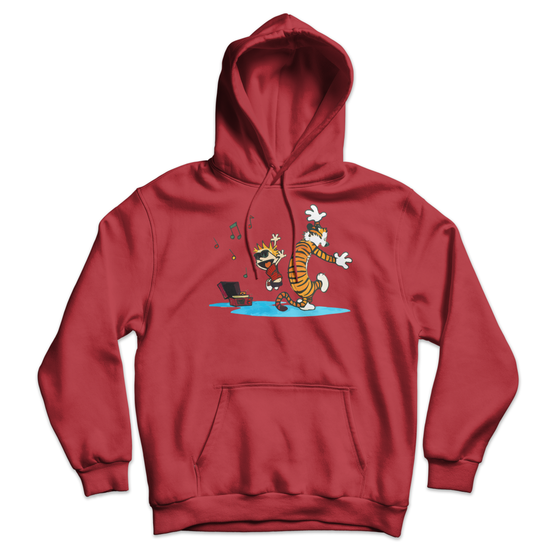 Calvin and Hobbes Dancing with Record Player Unisex Hoodie-Hoodie-Art-O-Rama-Red-S-Urbanheer