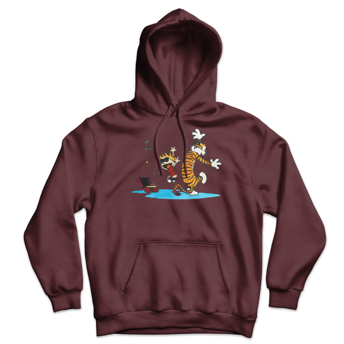 Calvin and Hobbes Dancing with Record Player Unisex Hoodie-Hoodie-Art-O-Rama-Maroon-S-Urbanheer