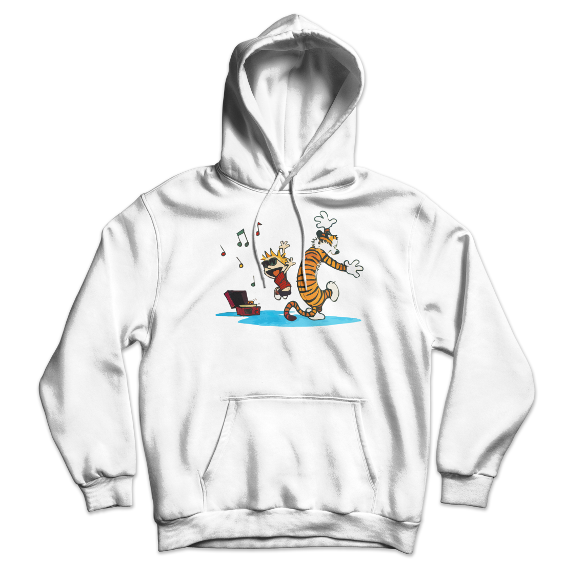 Calvin and Hobbes Dancing with Record Player Unisex Hoodie-Hoodie-Art-O-Rama-White-S-Urbanheer