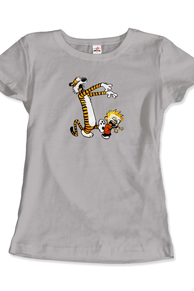 Calvin and Hobbes Playing Zombies T-Shirt-Art-O-Rama Shop-Women (Fitted)-Light Blue-S-Urbanheer