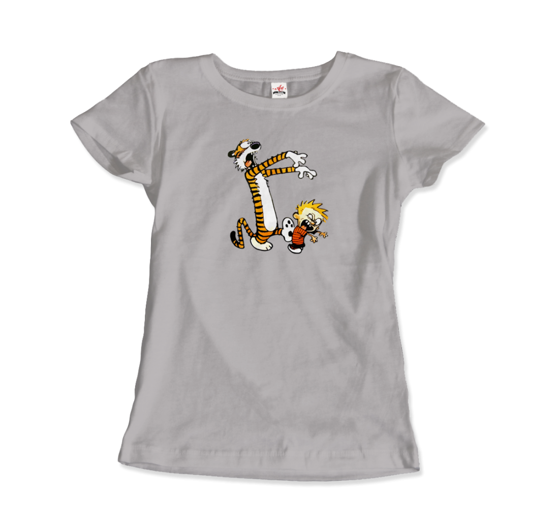 Calvin and Hobbes Playing Zombies T-Shirt-Art-O-Rama Shop-Women (Fitted)-Light Blue-S-Urbanheer
