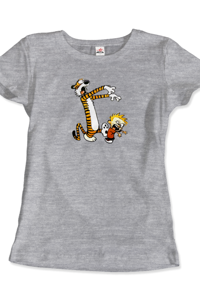 Calvin and Hobbes Playing Zombies T-Shirt-Art-O-Rama Shop-Women (Fitted)-Heather Grey-S-Urbanheer