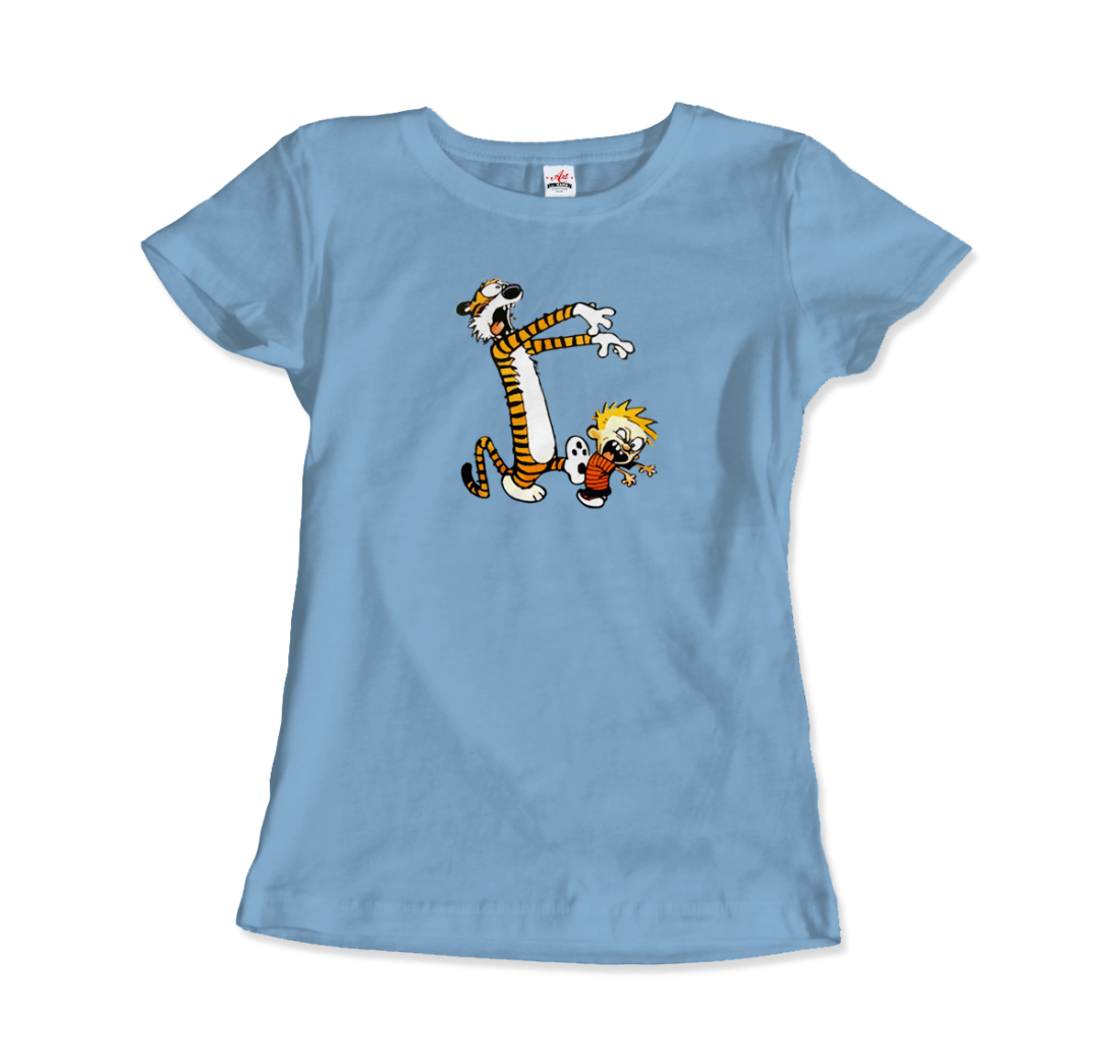 Calvin and Hobbes Playing Zombies T-Shirt-Art-O-Rama Shop-Women (Fitted)-Heather Grey-S-Urbanheer