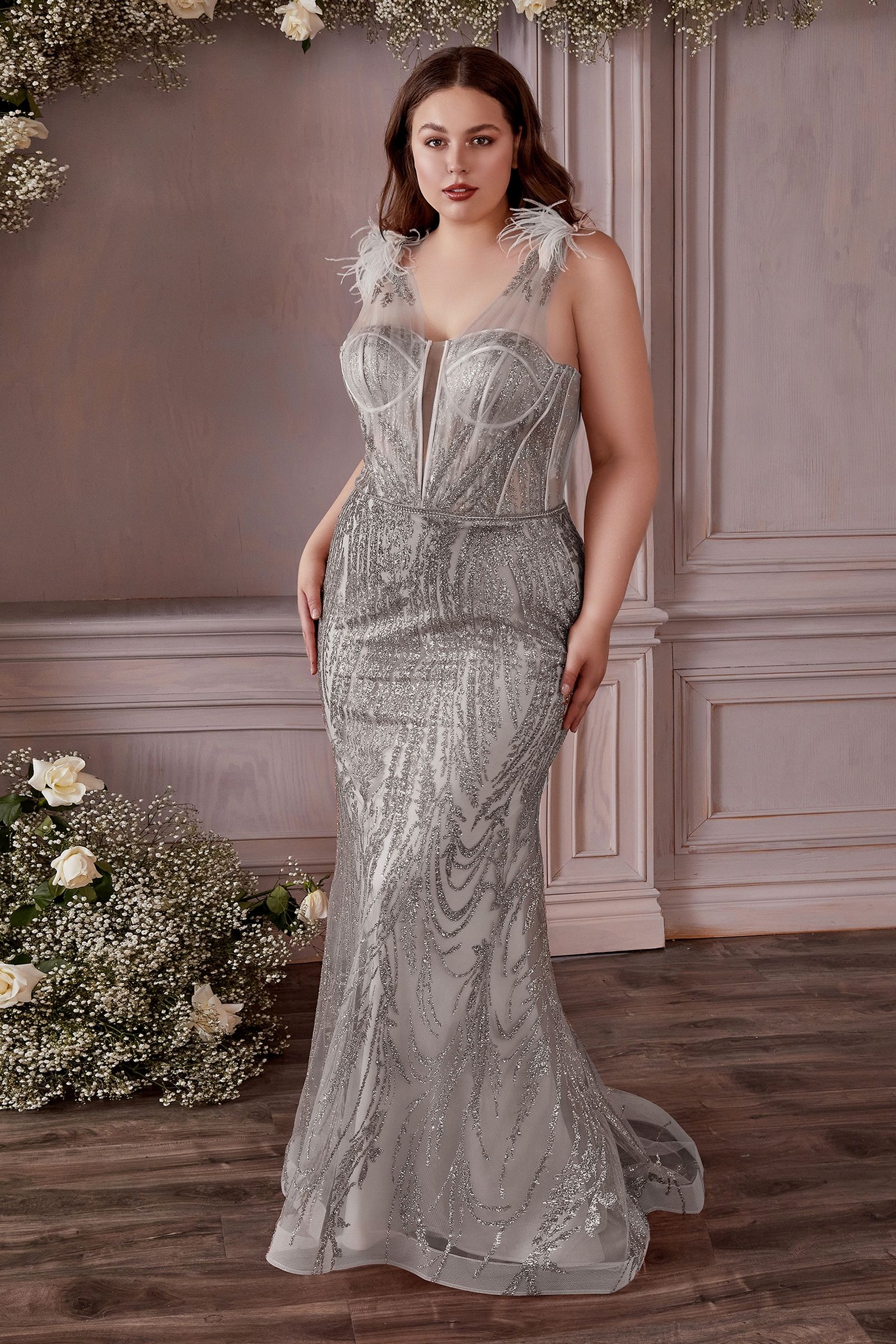 Fitted Glitter And Feather Gown-Evening-Tux-USA-18-Rose Gold-Urbanheer