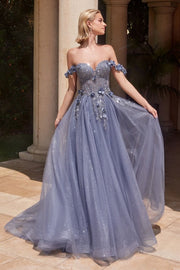 Floral Applique Corset Tulle Ball Gown-Nightgown-Tux-USA-2-Smoky Blue-Urbanheer