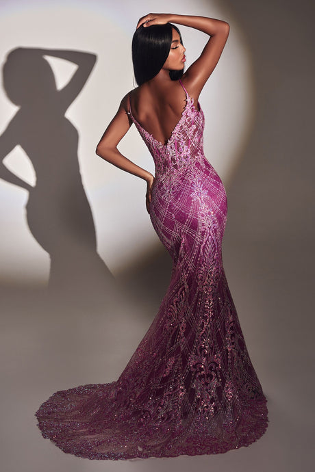 Fitted Glitter Mermaid Flattering Shimmer Dress V-neck V-back Bodice Elongated Hem Prom & Bridesmaid Gown CDCC2168-1