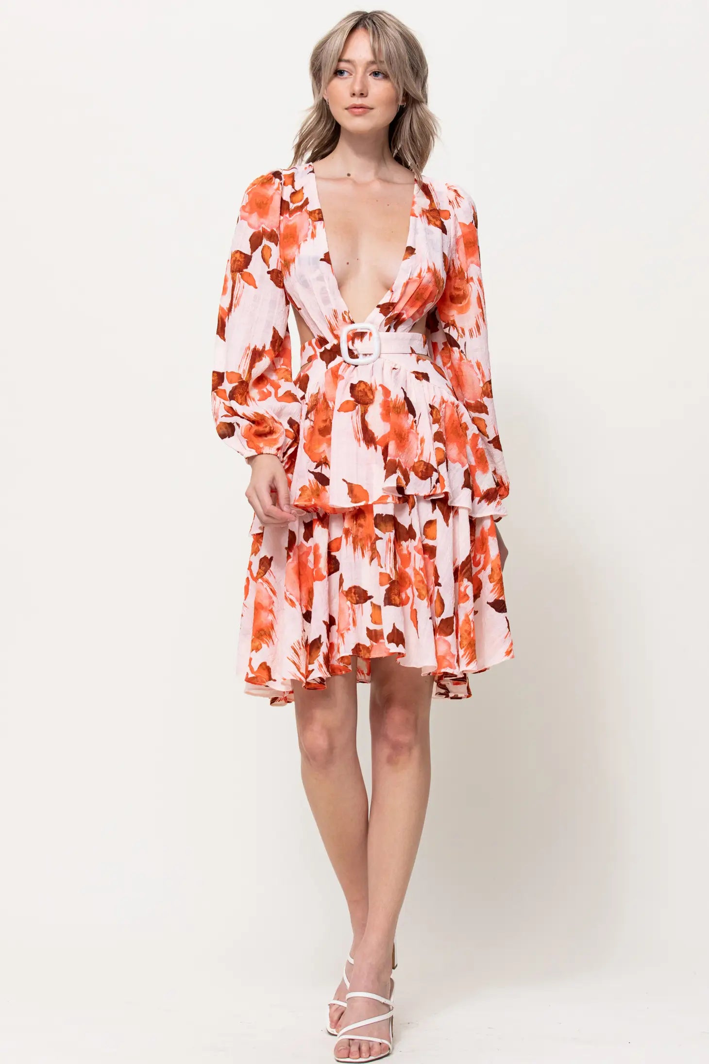 Front Buckle Detail Cut Out Mini Dress-Neon Blush-S-Orange-Urbanheer