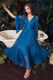 Pleated Chiffon Long Sleeve Tea Length Gown-Mob-Tux-USA-8-Teal-Urbanheer