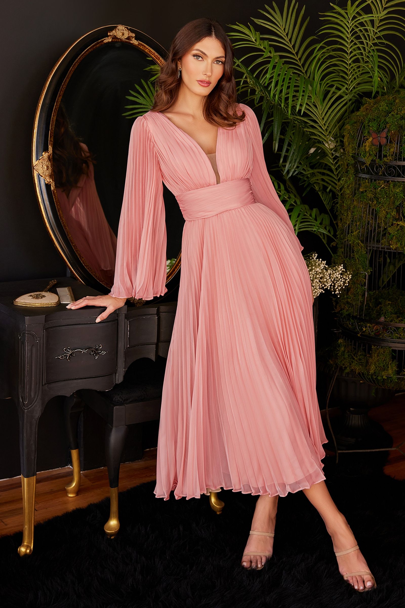 Pleated Chiffon Long Sleeve Tea Length Gown-Mob-Tux-USA-6-Rose Gold-Urbanheer