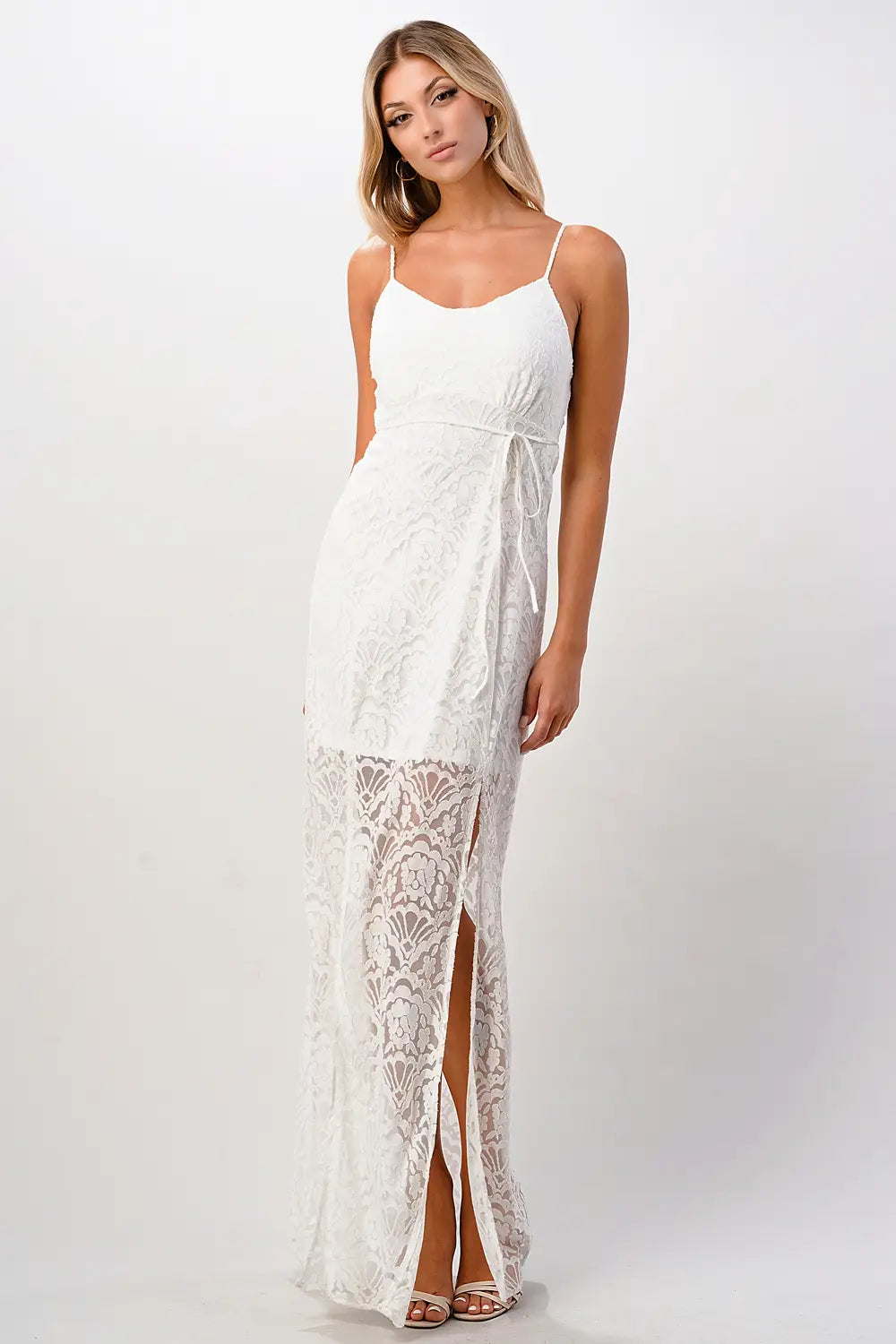 Front Slit Lace Maxi Dress - White-MILEY + MOLLY-S-White-Urbanheer