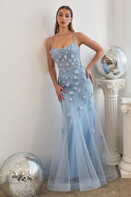 Fitted Floral Embroidered Laced Corset with Open Back Vintage Trumpet Silhouette Long Evening & Prom Dress CDCD995-0