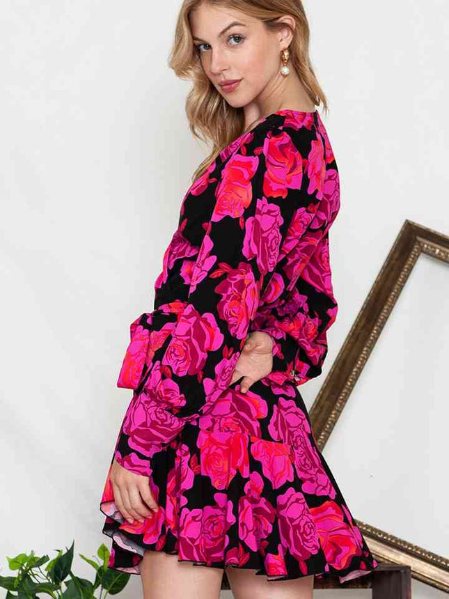 Floral Print Surplice Neck Long Sleeve Dress-UHX-Urbanheer
