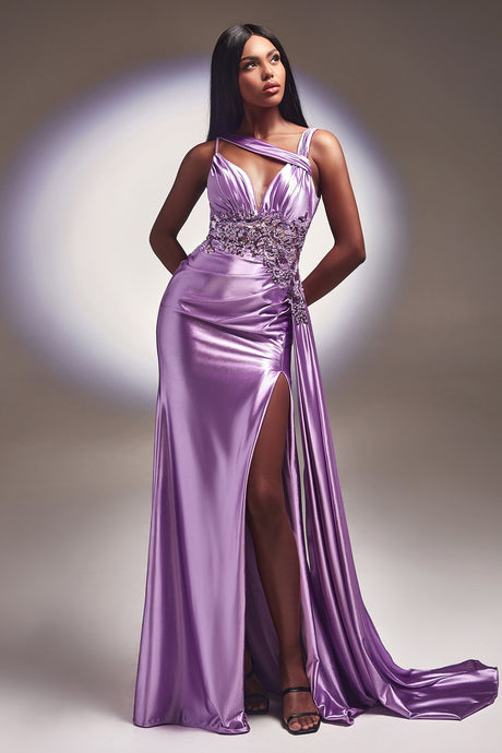 Fitted Satin Luxury Gala & Evening Prom Ball Gown Lace Detail One Shoulder Cute Sexy Formal Gown Plunging Neck Bodice CDCDS415-4