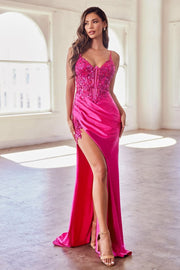 Stretch Satin Glitter & Lace Fitted Gown-Nightgown-Tux-USA-2-Fuchsia-Urbanheer