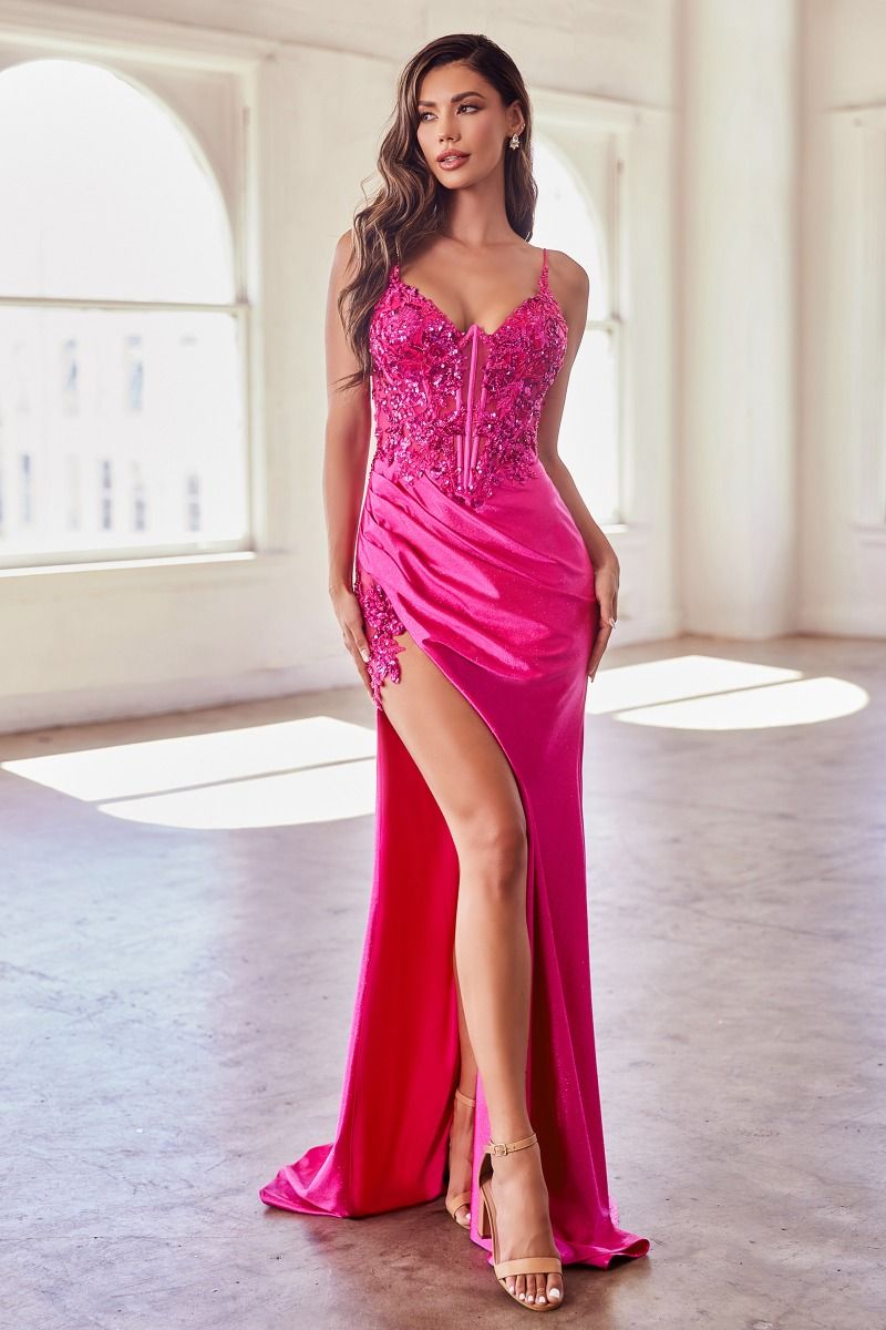 Stretch Satin Glitter & Lace Fitted Gown-Nightgown-Tux-USA-2-Fuchsia-Urbanheer
