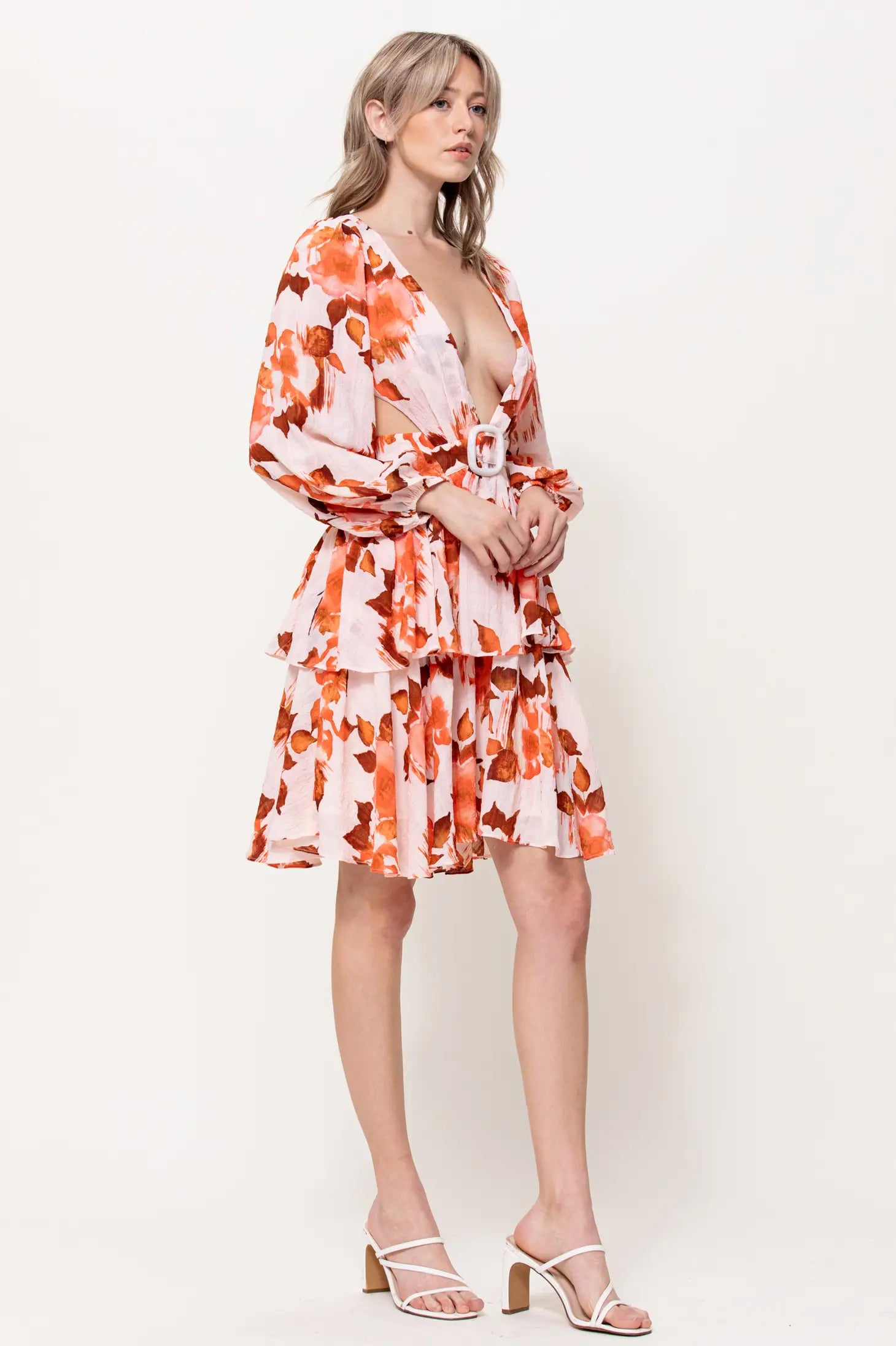 Front Buckle Detail Cut Out Mini Dress-Neon Blush-S-Orange-Urbanheer