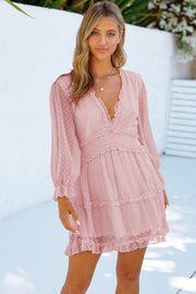 Swiss Dot Frill V-Neck Mini Dress-Street 360-Blush Pink-S-Urbanheer