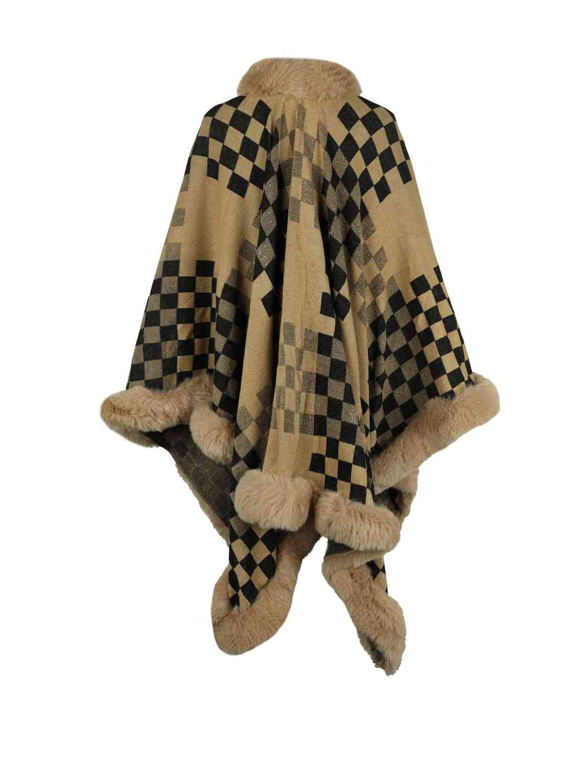 Checkered Faux Fur Trim Poncho-Street 360-Ivory-One Size-Urbanheer