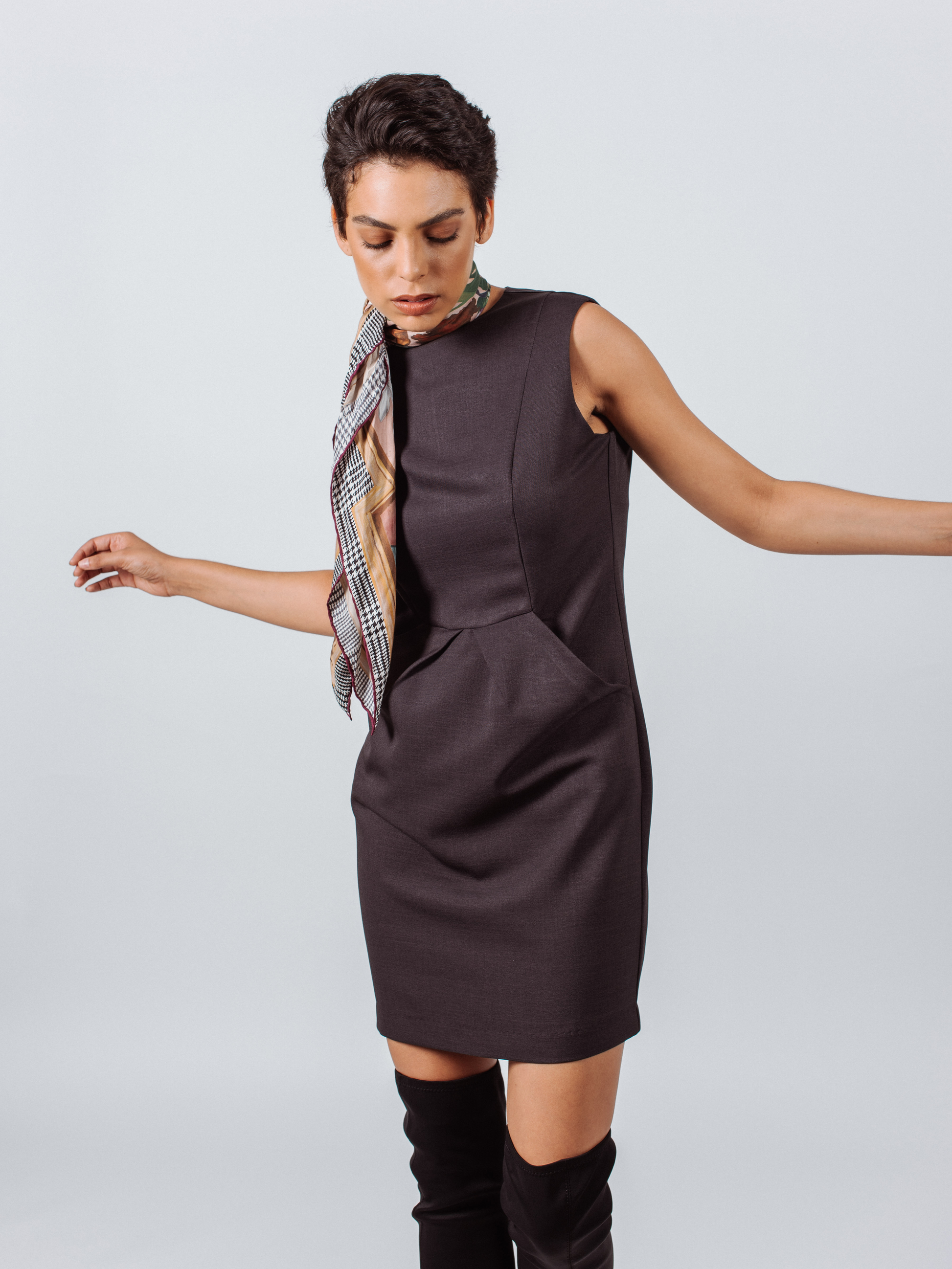 Charcoal Mini Dress Pleated With Pockets-Le Réussi-S-Charcoal-Urbanheer