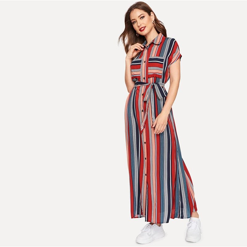 Colorful Striped Belted Hijab Shirt Dress-UHXV-Multi-XS-Urbanheer