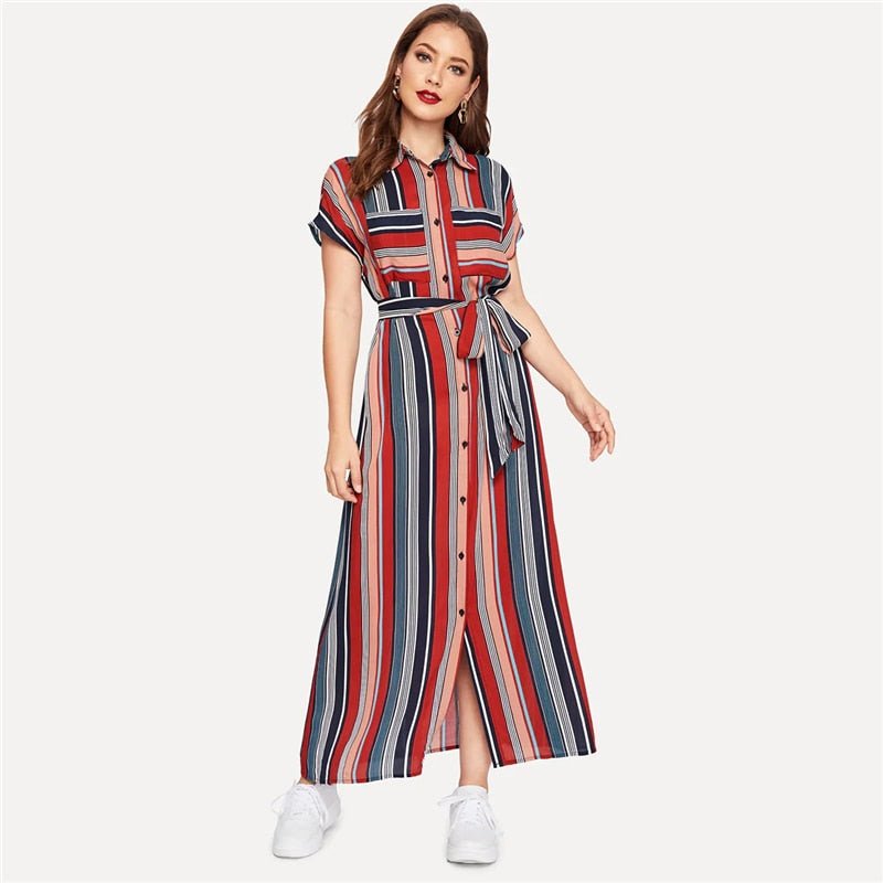 Colorful Striped Belted Hijab Shirt Dress-UHXV-Multi-XS-Urbanheer