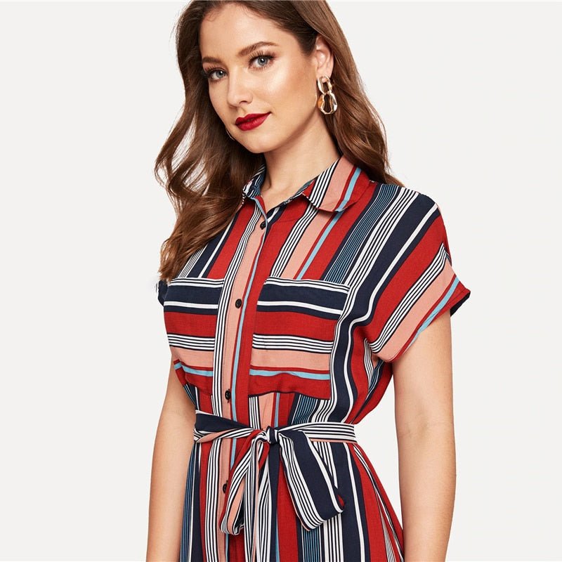 Colorful Striped Belted Hijab Shirt Dress-UHXV-Multi-XS-Urbanheer