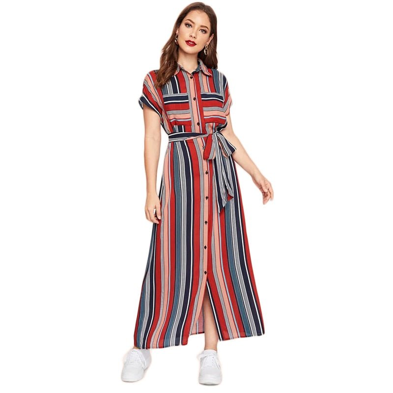 Colorful Striped Belted Hijab Shirt Dress-UHXV-Multi-XS-Urbanheer
