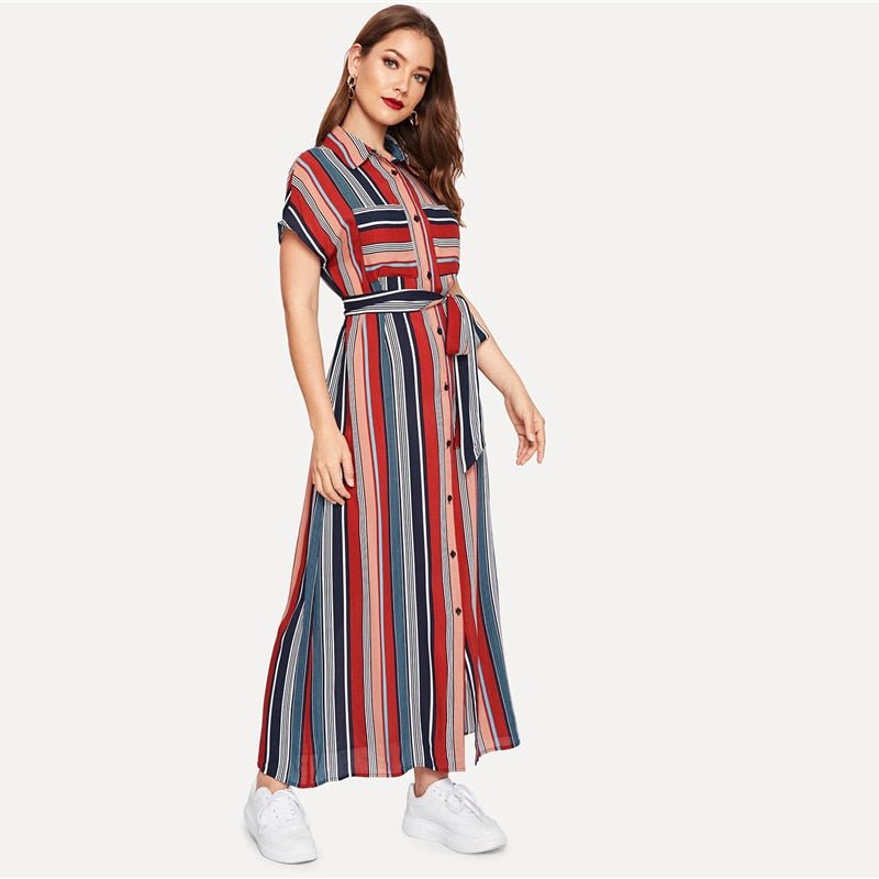 Colorful Striped Belted Hijab Shirt Dress-UHXV-Multi-XS-Urbanheer