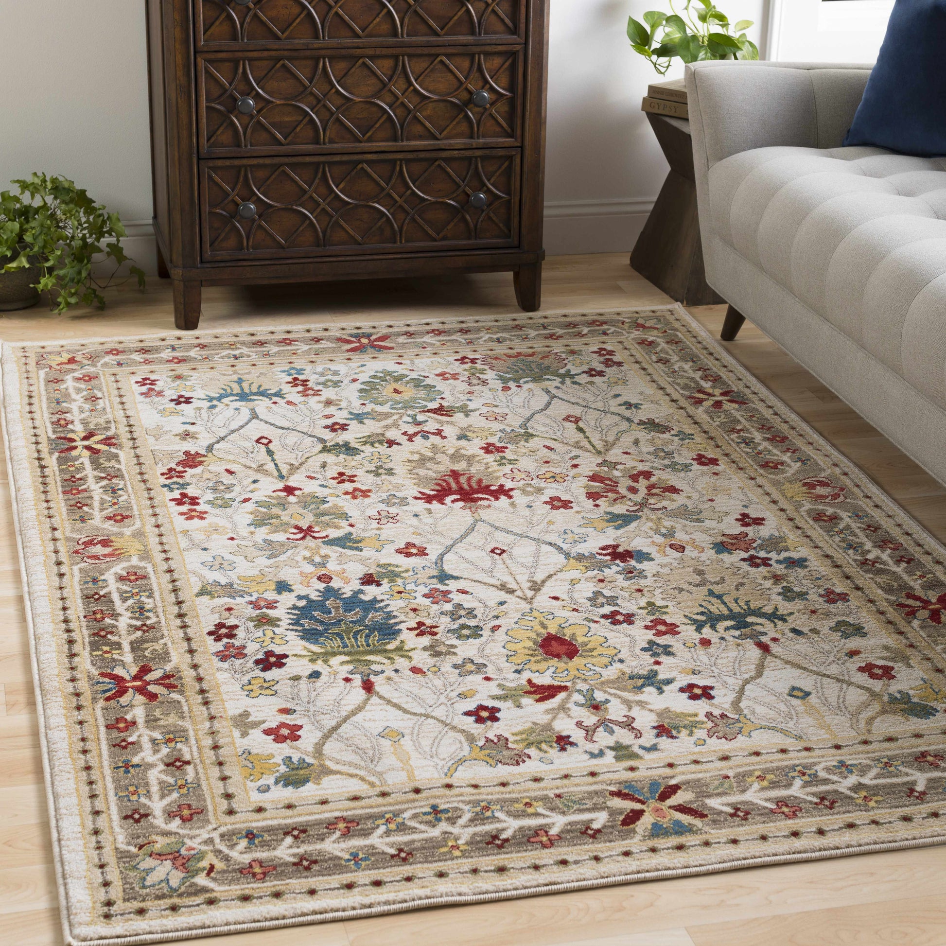 Neola White/Brown Damask Area Rug-Rugs-Hauteloom-2' x 2'11" Rectangle-Urbanheer