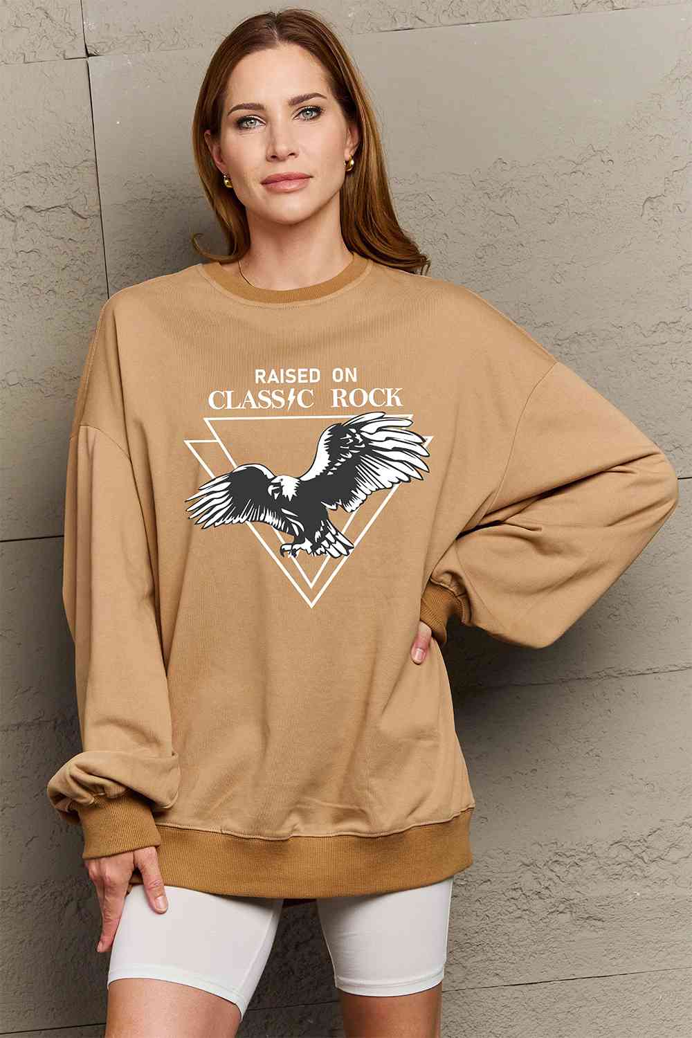 Simply Love Full Size Eagle Graphic Drop Shoulder Sweatshirt-Street 360-Khaki-S-Urbanheer