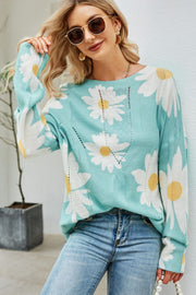 Daisy Print Openwork Round Neck Sweater-Street 360-Green-S-Urbanheer