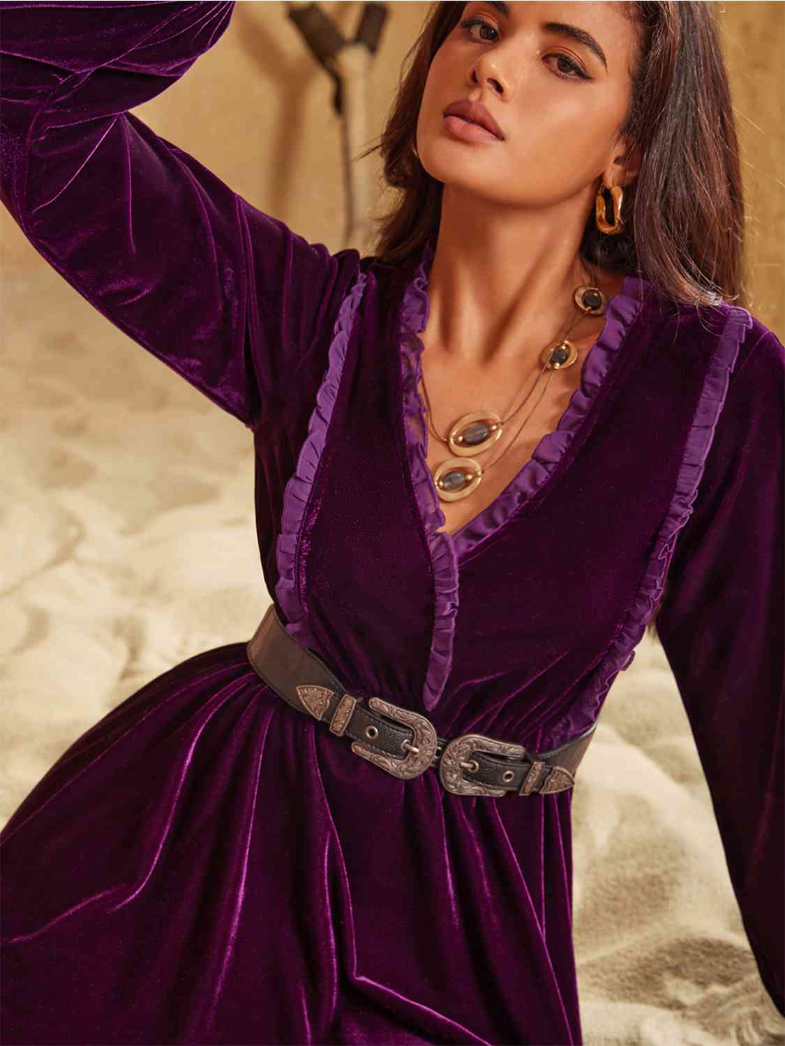 Ruffled V-Neck Long Sleeve Dress-Street 360-Plum-S-Urbanheer