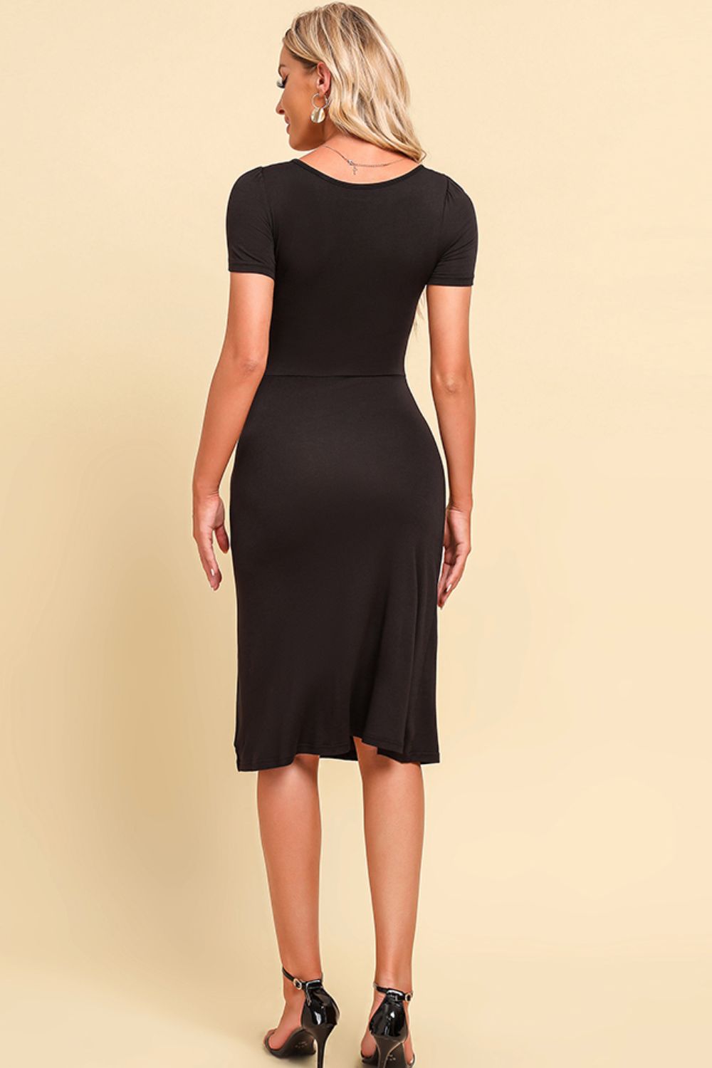 Ruched Sweetheart Neck Short Sleeve Slit Dress-Street 360-Black-S-Urbanheer