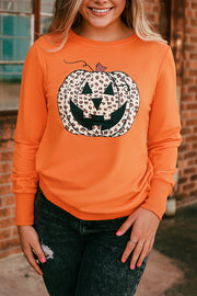 Orange Halloween Leopard Pumpkin Face Sweatshirt-UHXC-Orange-(US 4-6)S-Urbanheer