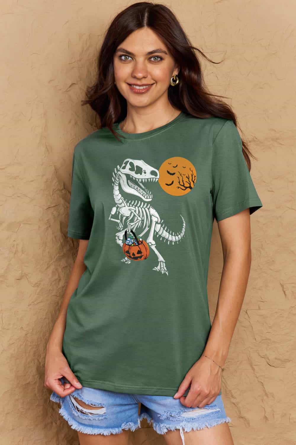Simply Love Full Size Dinosaur Skeleton Graphic Cotton T-Shirt-Street 360-Green-S-Urbanheer