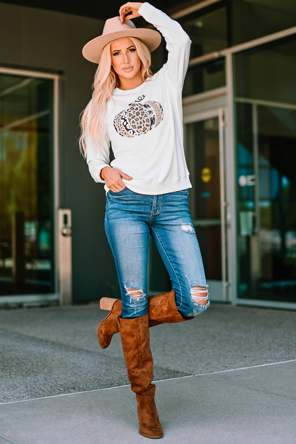 Animal Print Halloween Pumpkin Sweatshirt-UHXC-White-(US 4-6)S-Urbanheer