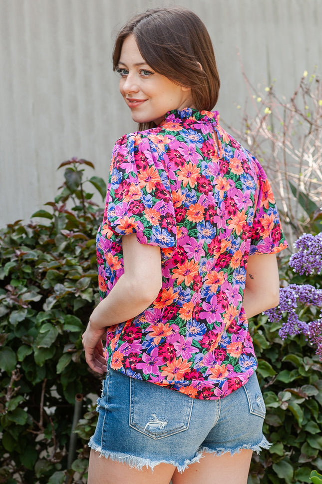 Floral Print Puff Sleeve Round Neck Blouse-UHX-Urbanheer