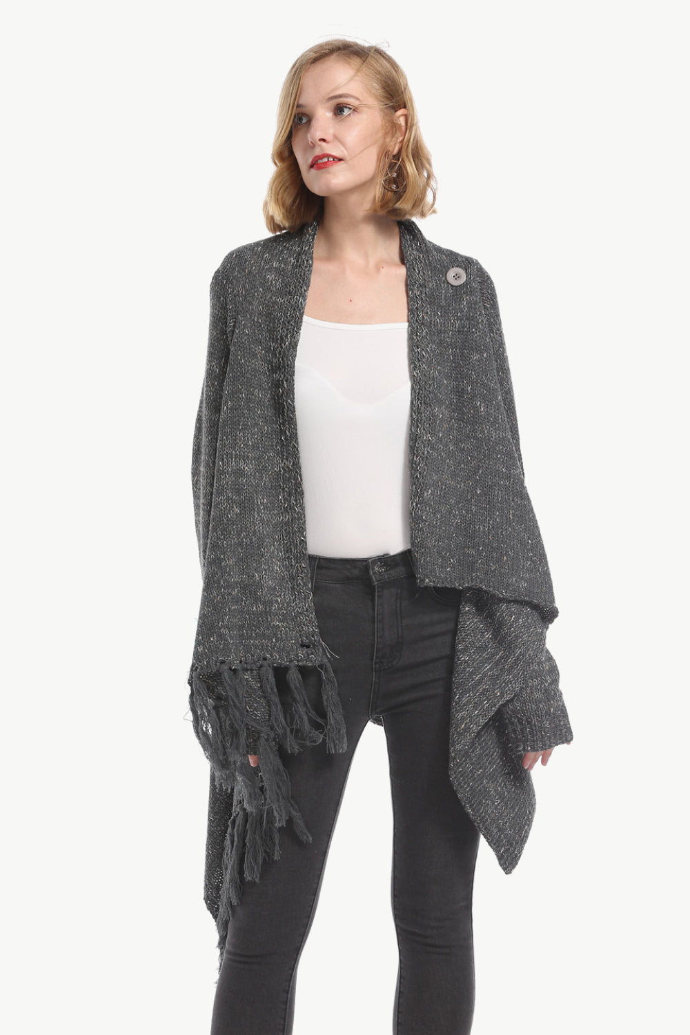 One-Button Tassel Tie Asymmetrical Hem Cardigan-Street 360-Dark Gray-S-Urbanheer