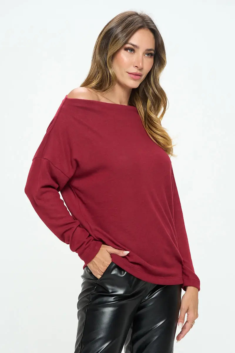 Burgundy Brushed Knit Off The Shoulder Top.-Renee C.-S-Urbanheer