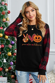 Halloween Letter Pumpkin Print Plaid Raglan Sleeve Top-UHXC-Black-(US 4-6)S-Urbanheer