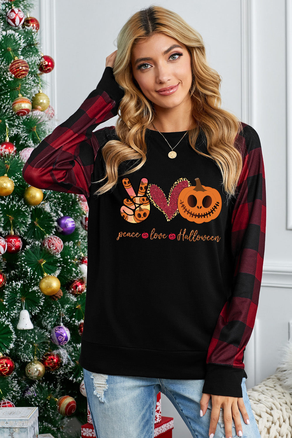Halloween Letter Pumpkin Print Plaid Raglan Sleeve Top-UHXC-Black-(US 4-6)S-Urbanheer