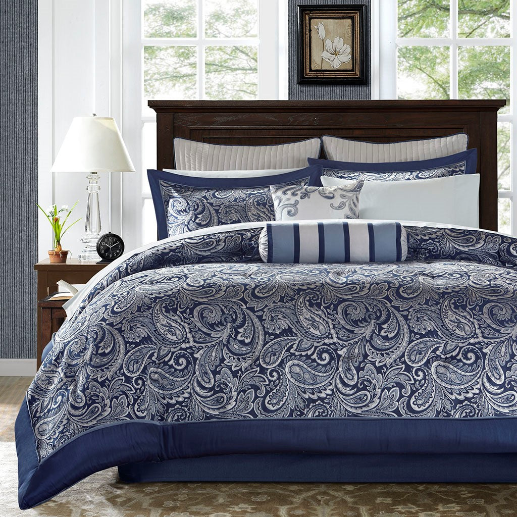 Paisley 12-Piece Complete Comforter Set And Sheet Set, Blue.-Olliix-Cal King-Urbanheer