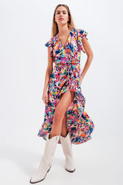 Ruffle Wrap Maxi Dress in Blue Floral-Q2-Small-Urbanheer