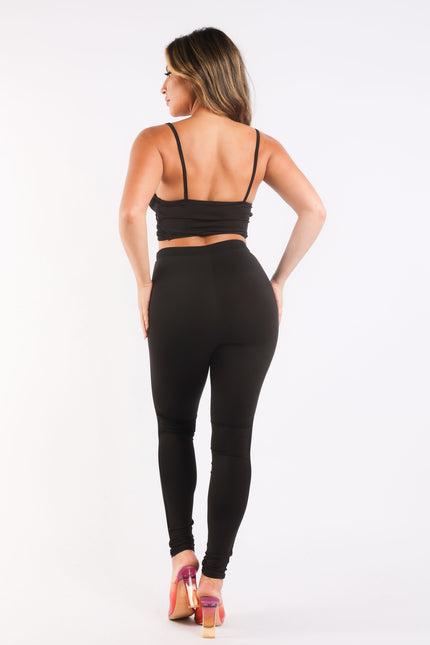 Mesh Contrast Sets Casual Sports Strappy Sleeve Top & Leggings Black