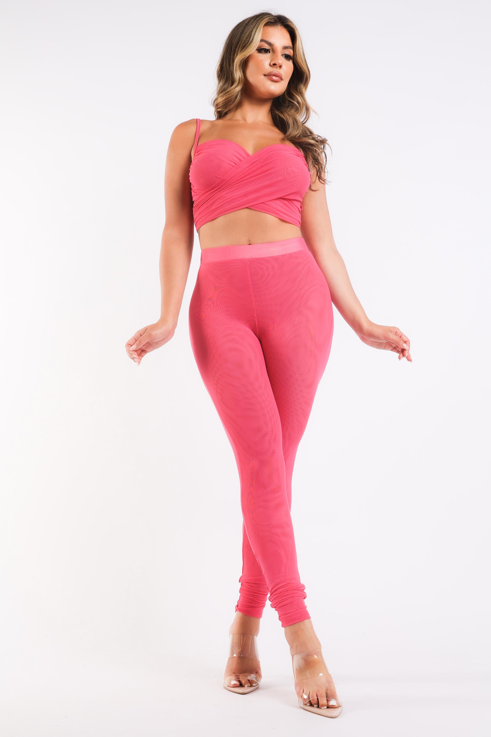 Mesh Contrast Sets Casual Sports Strappy Sleeve Top & Leggings Fuchsia-Puce Juniper-LARGE-FUCHSIA-Urbanheer