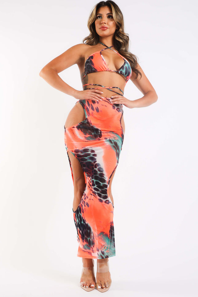 Mesh Sexy Bikini & Skirt Set Graphic Printed Cut Out Swimwear Coral-Puce Juniper-Urbanheer