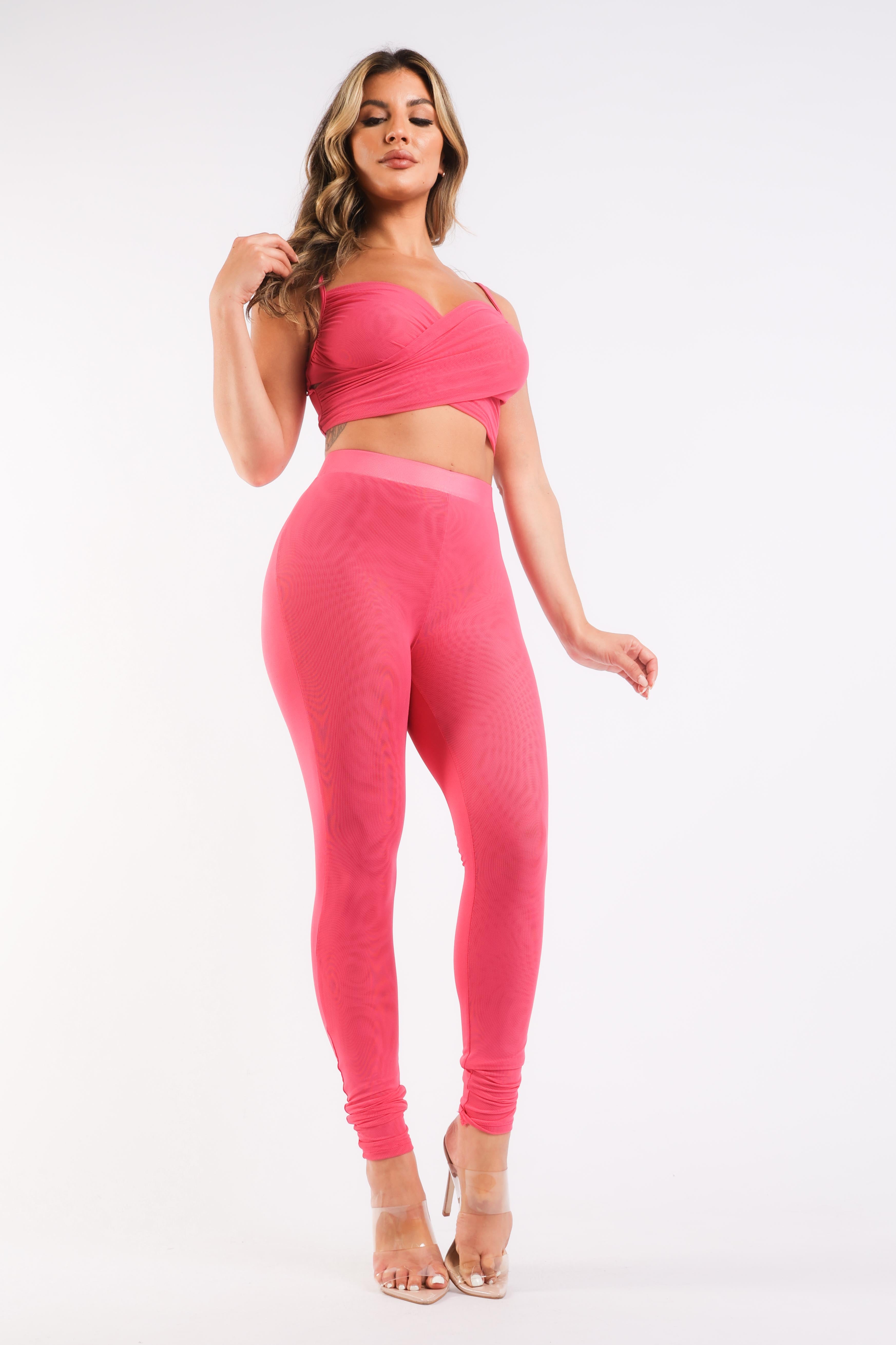 Mesh Contrast Sets Casual Sports Strappy Sleeve Top & Leggings Fuchsia-Puce Juniper-LARGE-FUCHSIA-Urbanheer