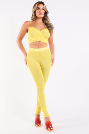 Mesh Contrast Sets Casual Sports Strappy Sleeve Top & Leggings Yellow-Puce Juniper-LARGE-YELLOW-Urbanheer